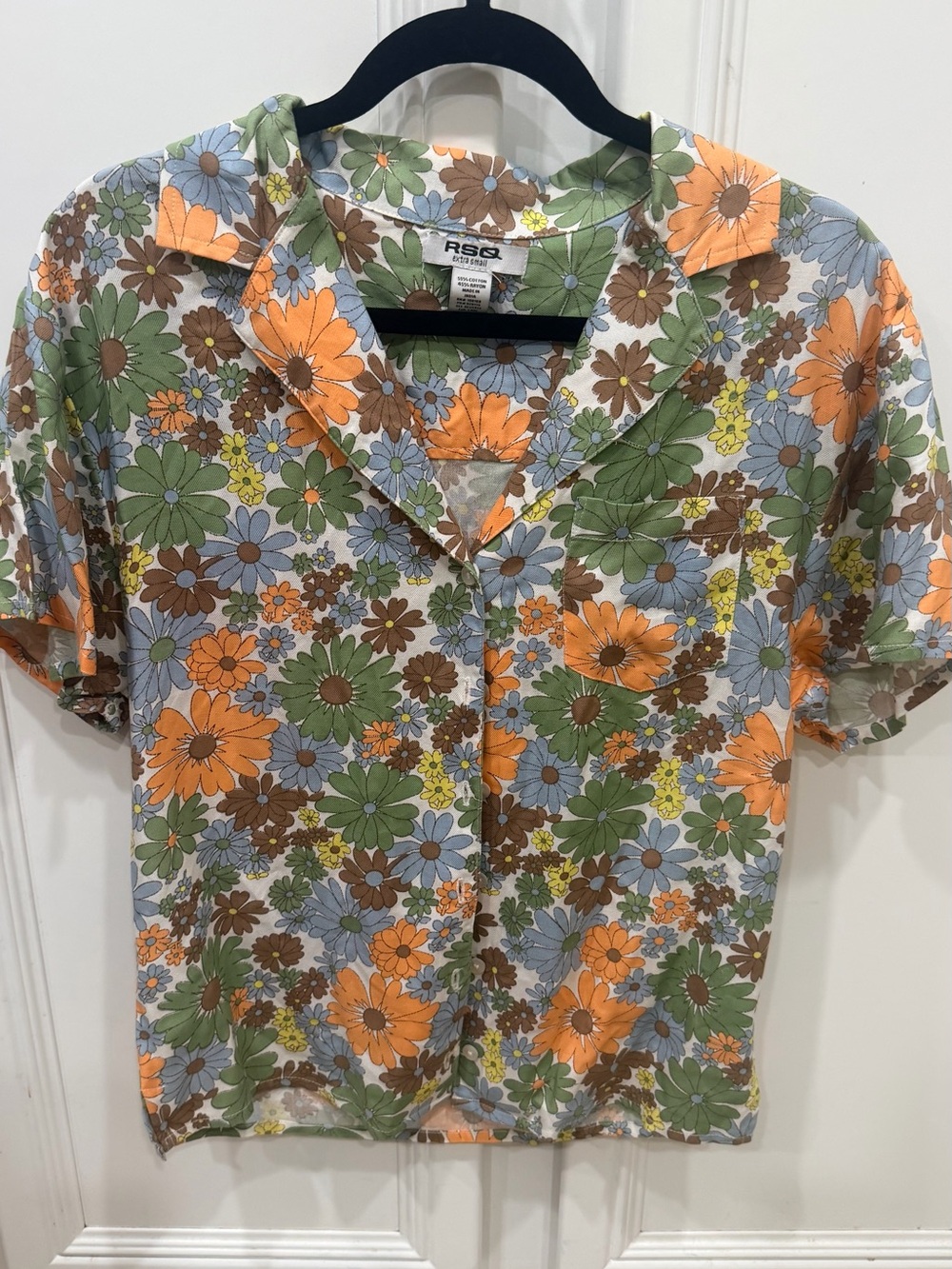 RSQ Floral Short-Sleeve Button-Down Shirt in Orange, Green & Blue